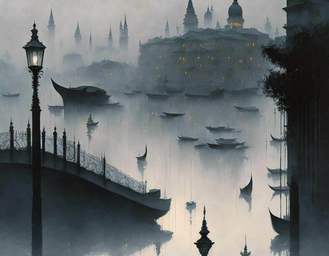 Misty riverscape at dusk with boat silhouettes and lampposts