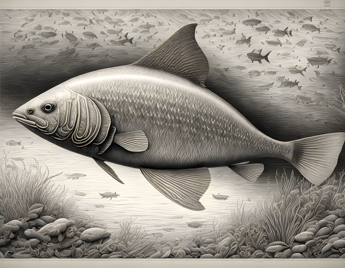 Detailed Illustration of Large Fish with Fins & Scales Amid Underwater Flora