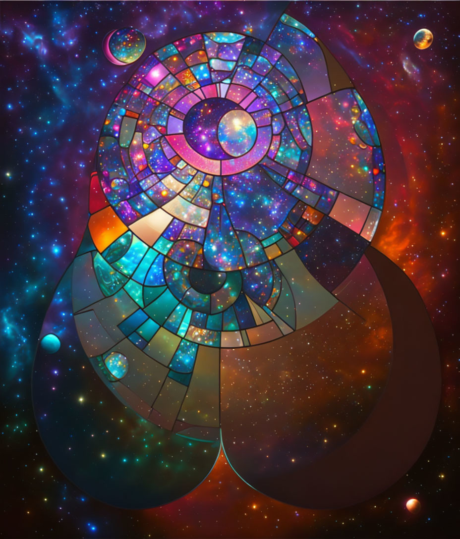 Colorful Cosmic Illustration: Stained Glass Motif & Planets in Space