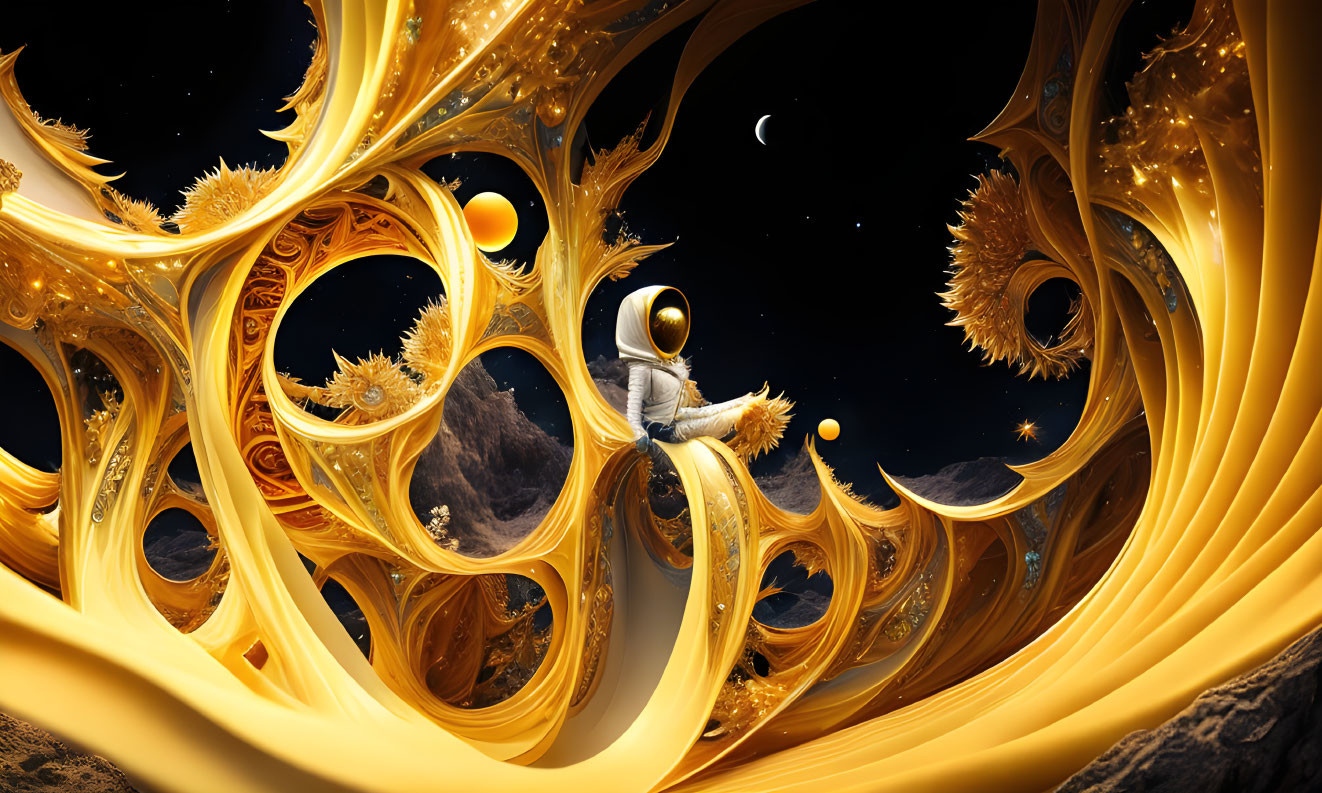 Astronaut on intricate golden structure in surreal cosmic scene