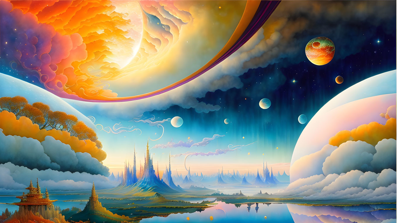 Surreal landscape with swirling clouds, moons, planets, colorful sky