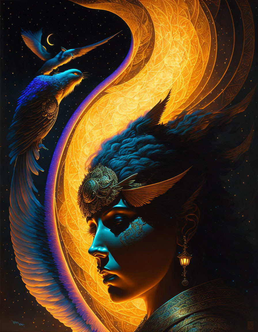 Profile portrait with ornate headgear, feathers, stylized phoenix, and cosmic backdrop.