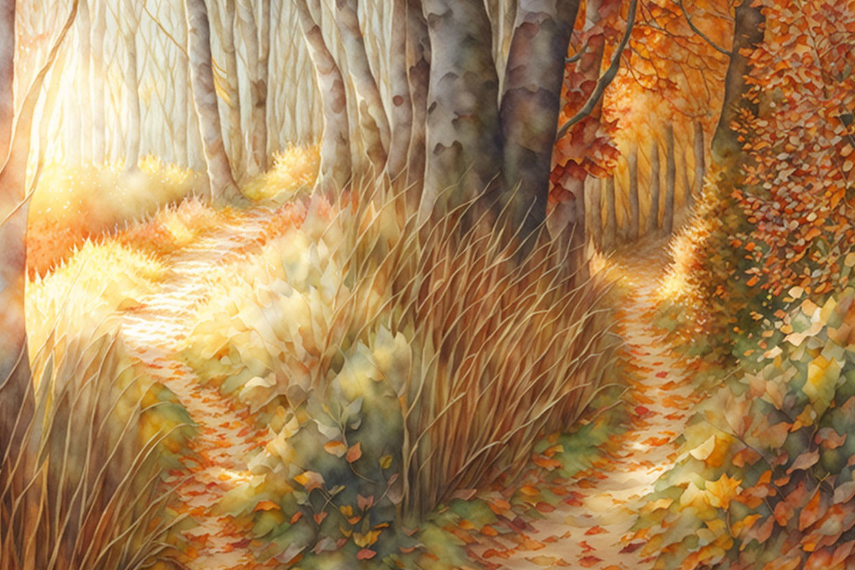 Autumn Forest Scene with Sunlight Filtering Through Trees