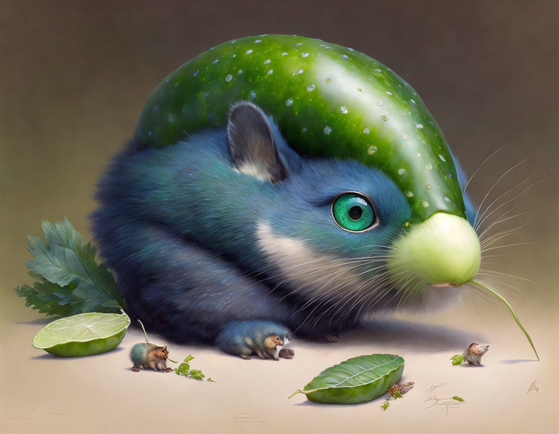 Blue Creature with Cat Face and Lime Peel Back Surrounded by Mice and Leaves