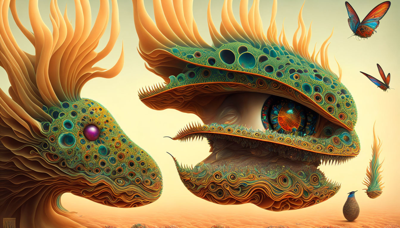 Vibrant surreal image of fantastical creature with peacock-like patterns and whimsical butterflies.