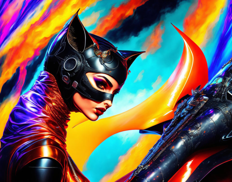 Colorful artwork of female character in cat costume with stylized helmet.