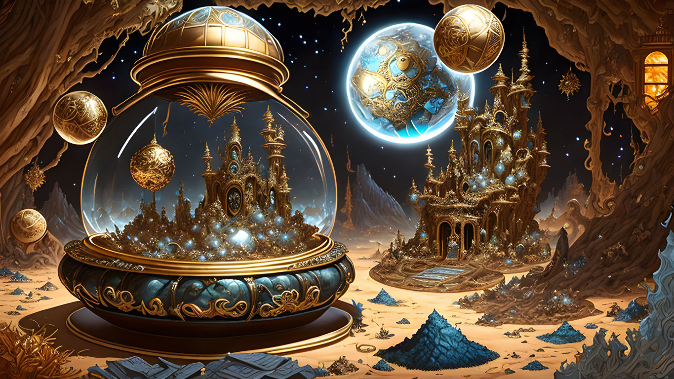 Steampunk-style floating cities in glass domes with celestial bodies and gears on starry sky.