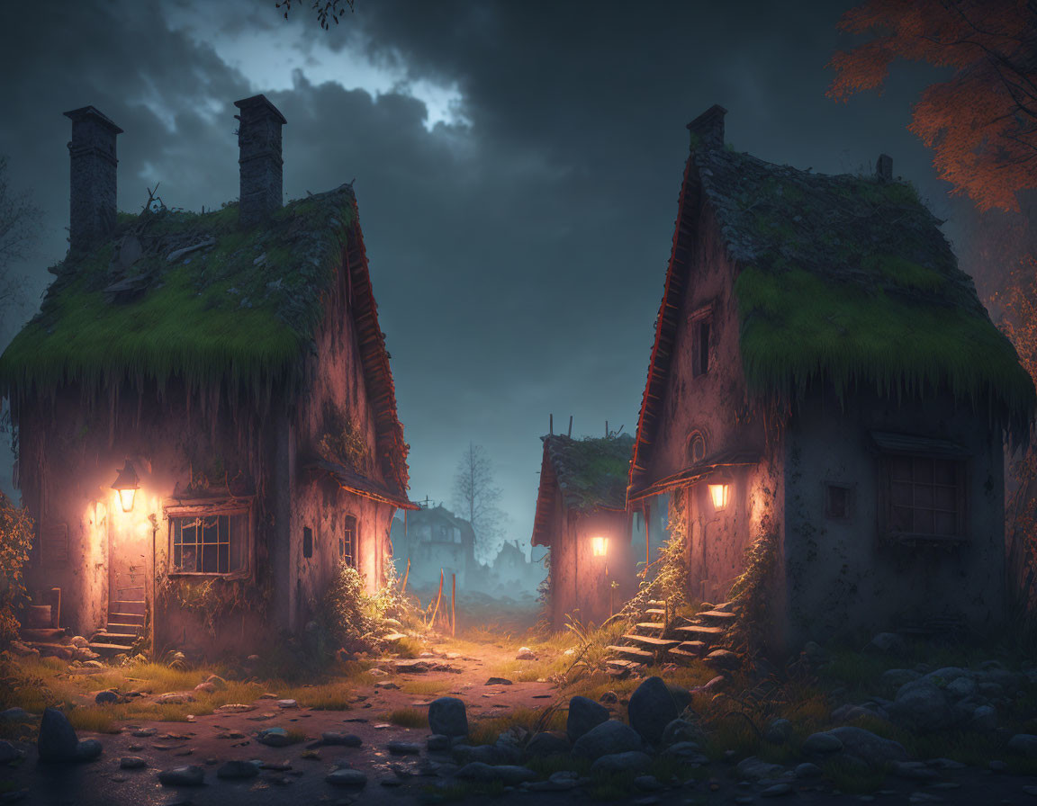 Moss-covered cottages on cobblestoned path at twilight