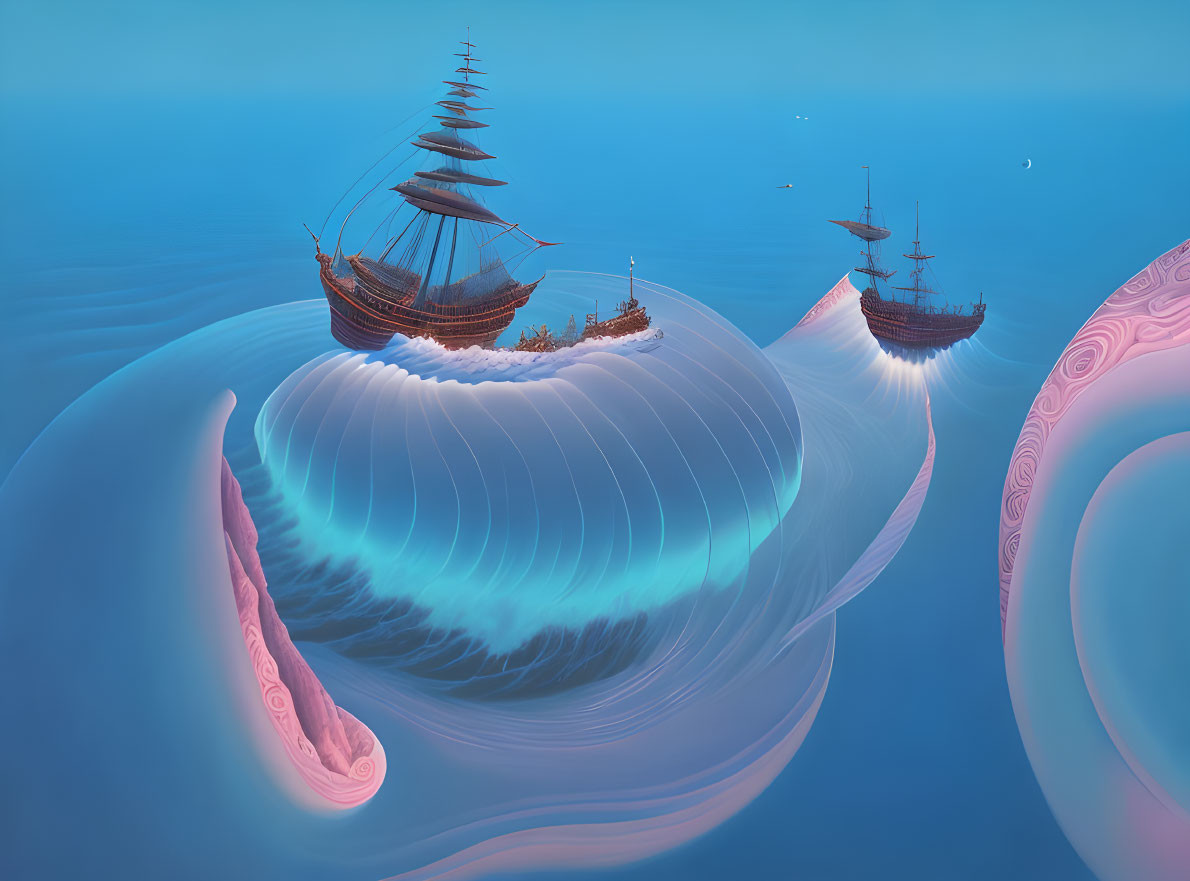 Large ships sailing on swirling ocean vortexes amidst tranquil blue sky