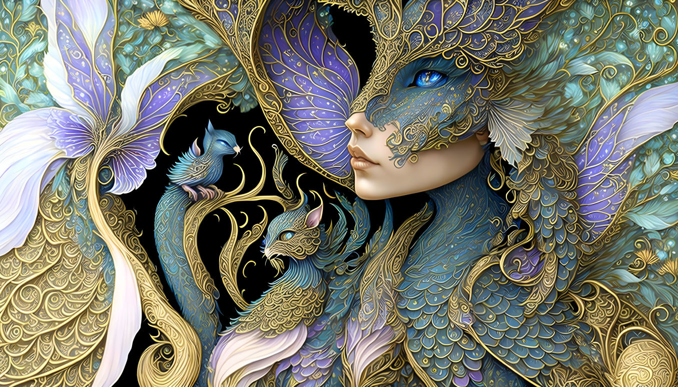 Blue creature with gold feathers and stylized birds in ornate backdrop