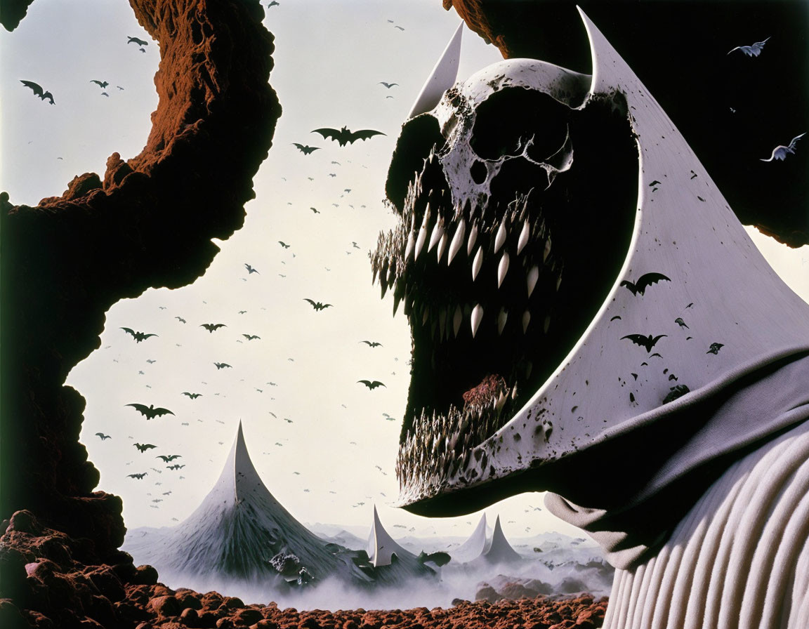 Monstrous skull-like face in surreal landscape with flying bats and jagged mountains