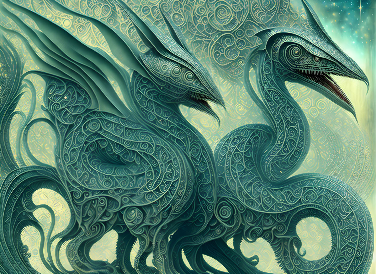 Ornate teal and green patterned dragons on starry backdrop