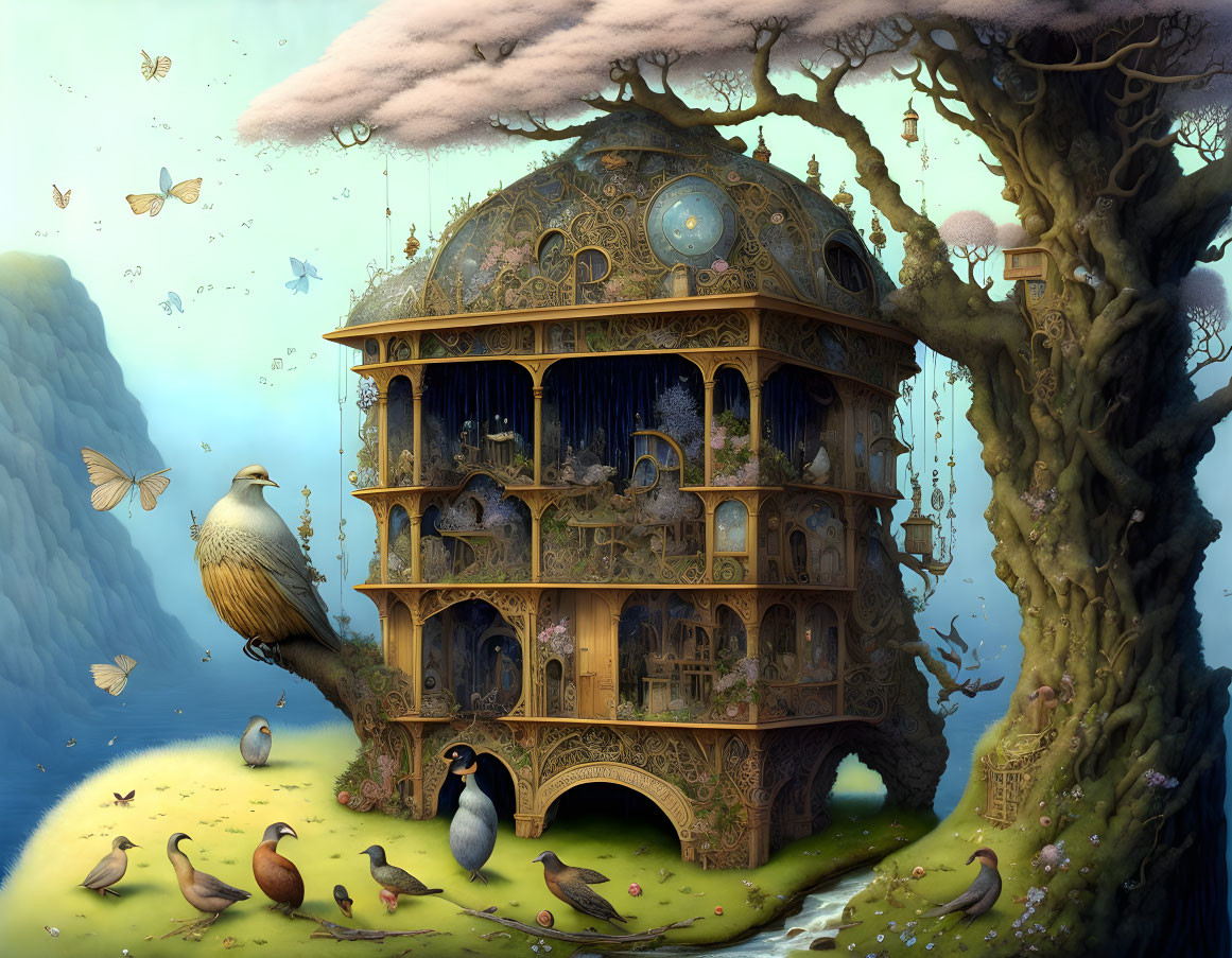 Golden treehouse with birds in serene sky and sea setting