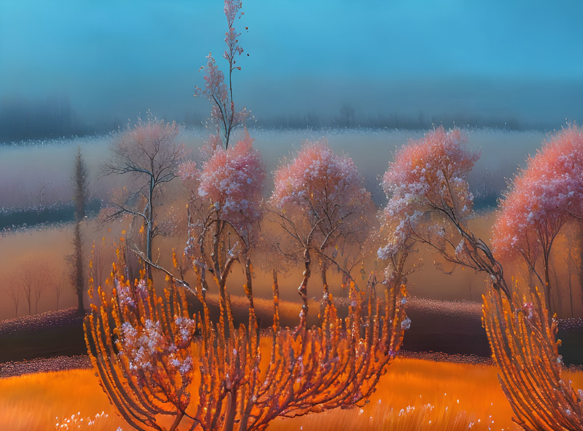 Vibrant orange ground cover in surreal landscape with whimsical pink and white blossoms