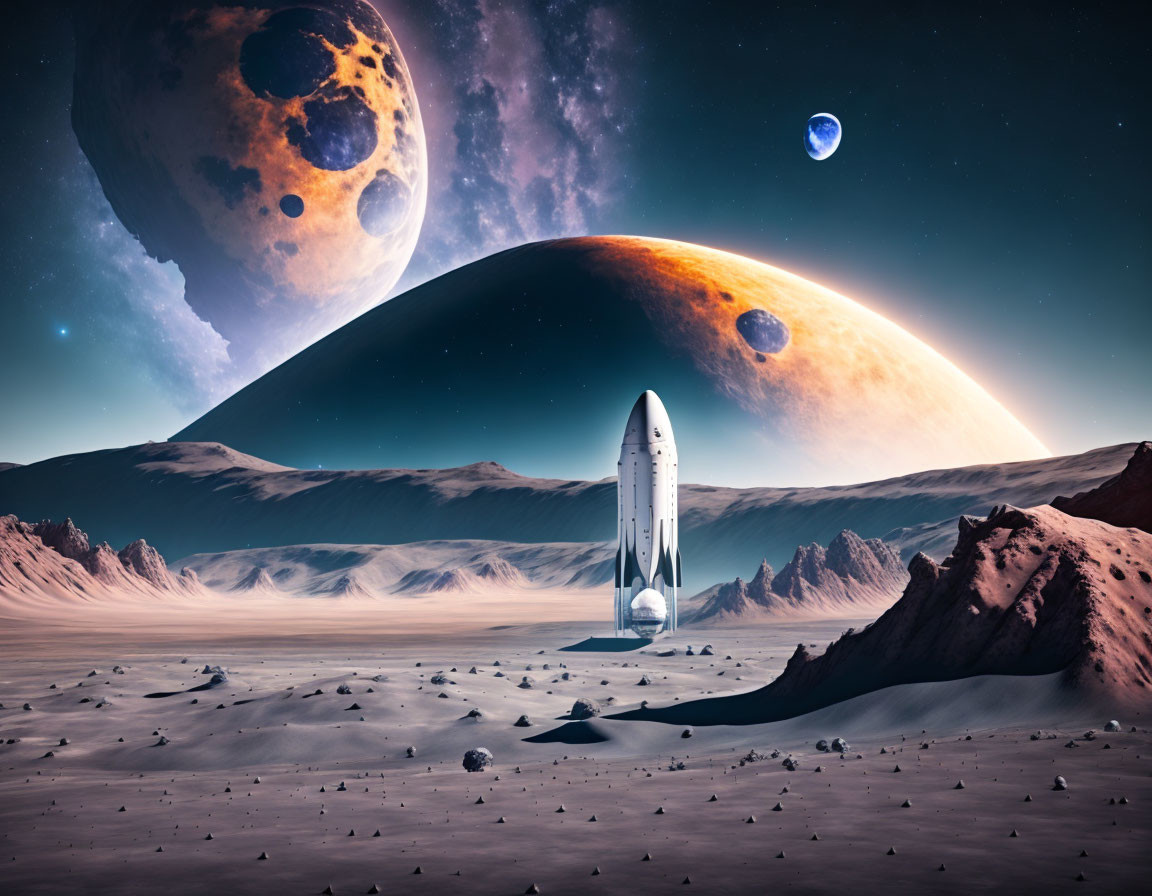 Spaceship on barren alien landscape with mountains, giant planet, and two moons