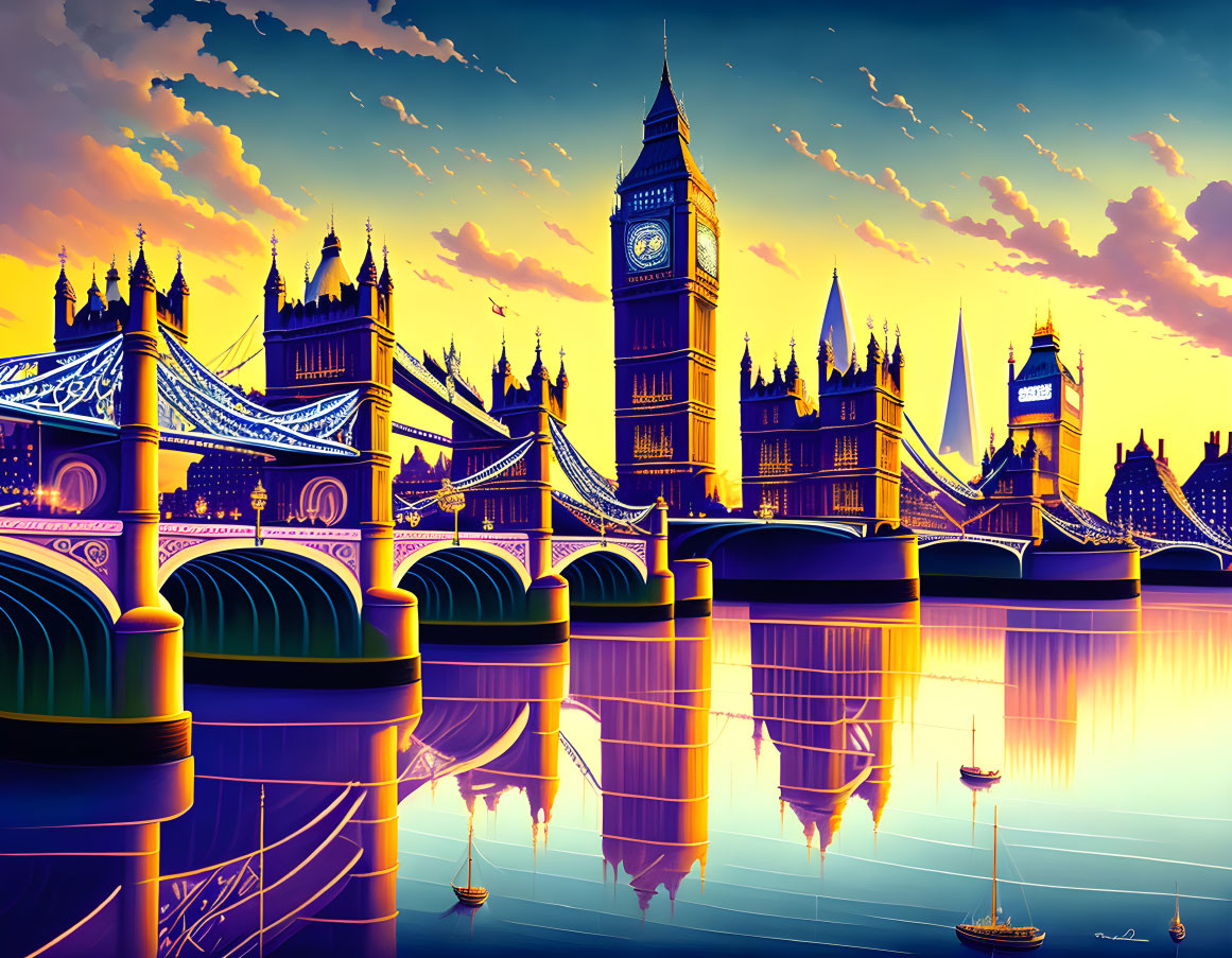 Illustration of London skyline with Big Ben, Tower Bridge, sunset, and Thames River.