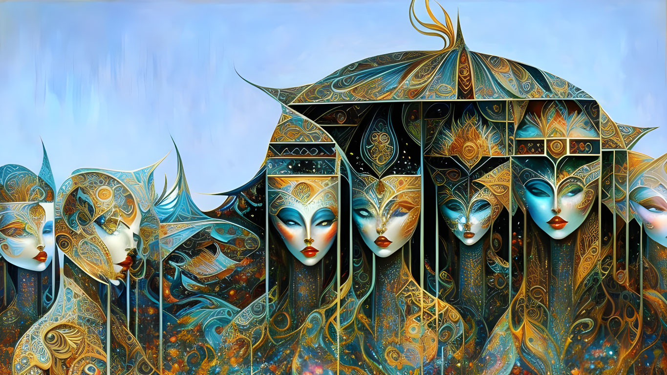 Stylized masked figures with golden accents on cool-toned backdrop