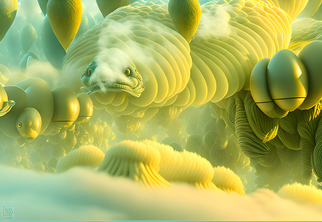 Intricate 3D surreal artwork: white caterpillar-like creature, golden orbs, foliage in