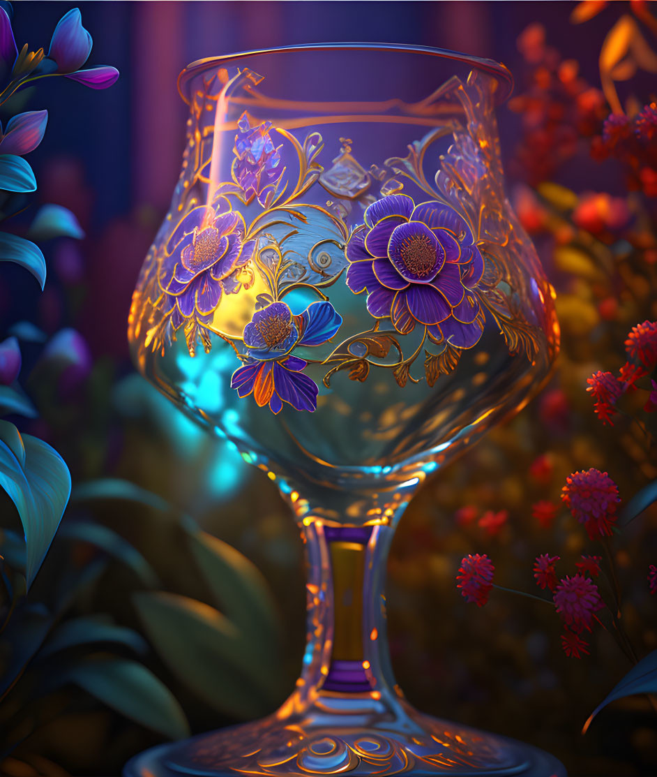 Floral-patterned glass illuminated among colorful flowers at dusk