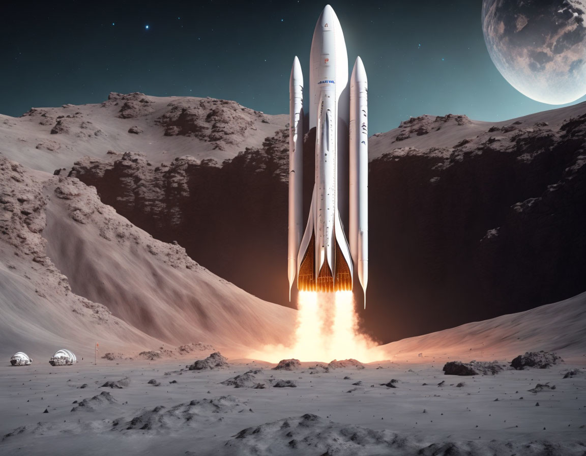 Lunar base with domed structures and rocket launch under starry sky.
