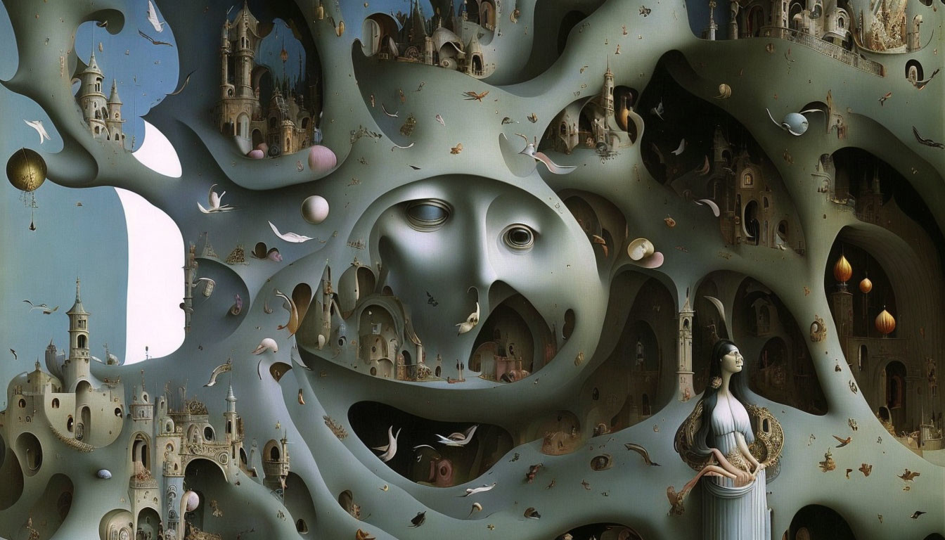 Surreal artwork: woman, whimsical castles, faces merging in dream-like landscape