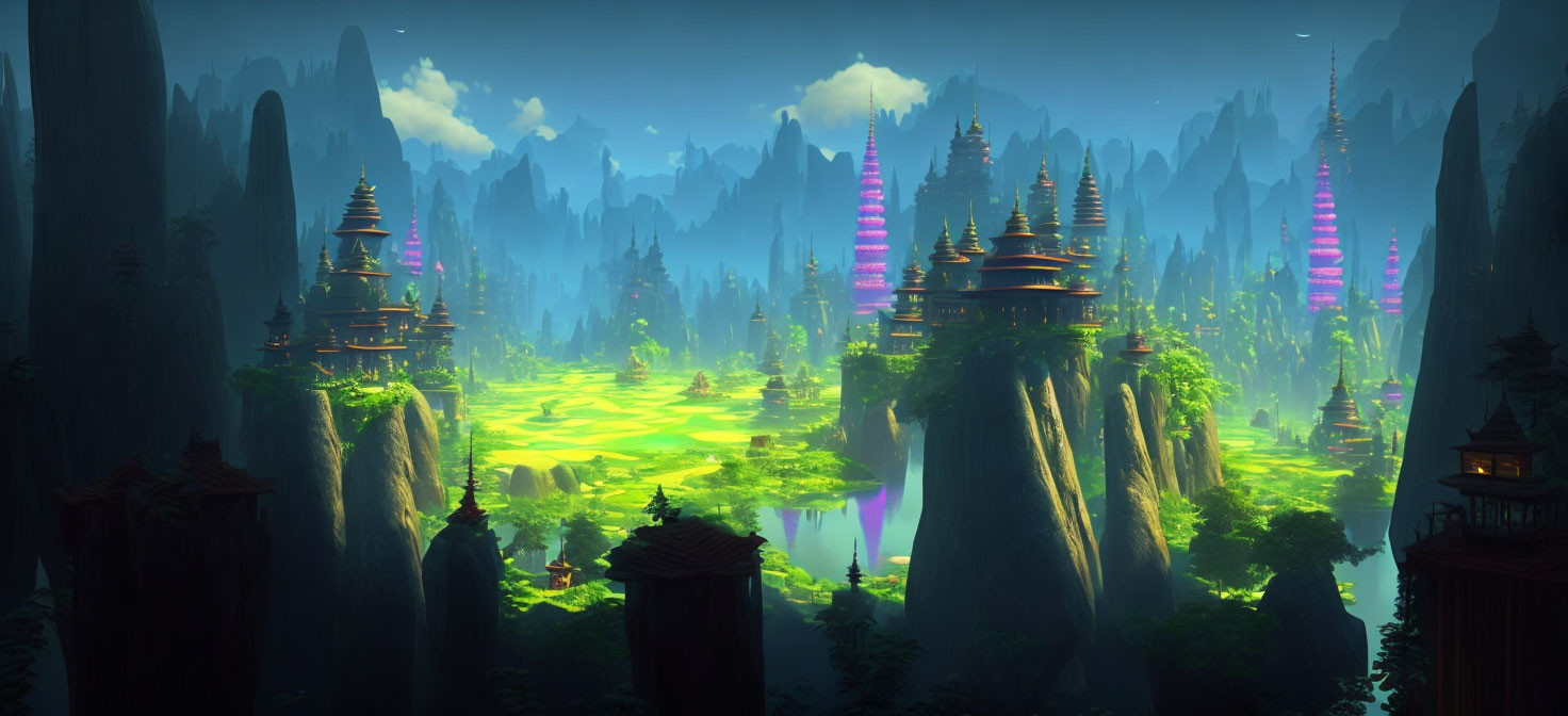 Fantastical landscape with rock pillars, pagoda-style buildings, and purple crystals