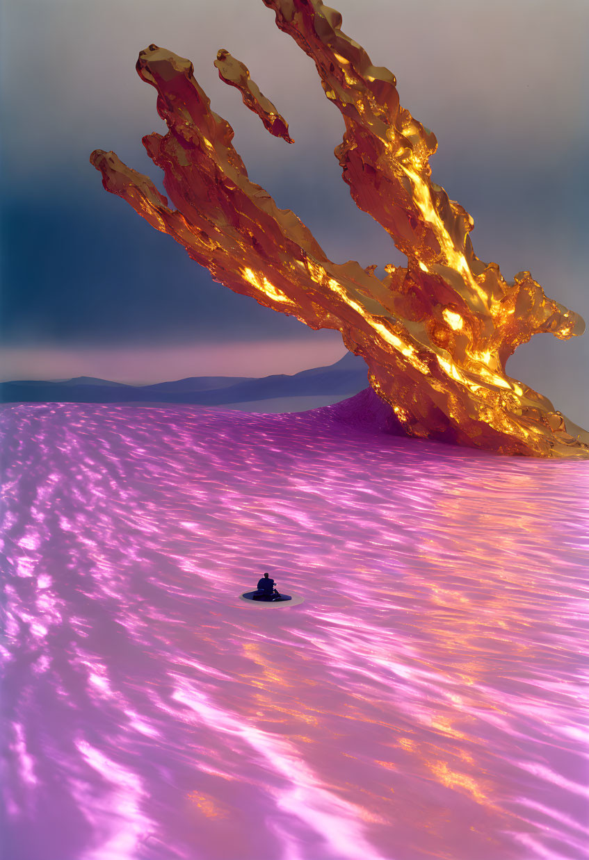 Person in boat on vivid purple sea with large golden coral-like structure under stormy sky