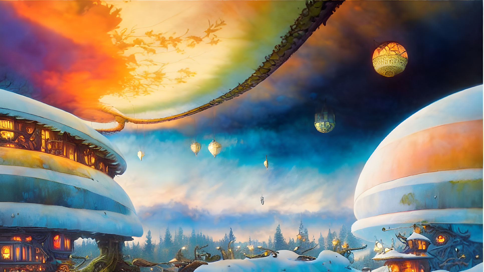 Fantastical winter landscape with dome-shaped structures and glowing lanterns in colorful sky