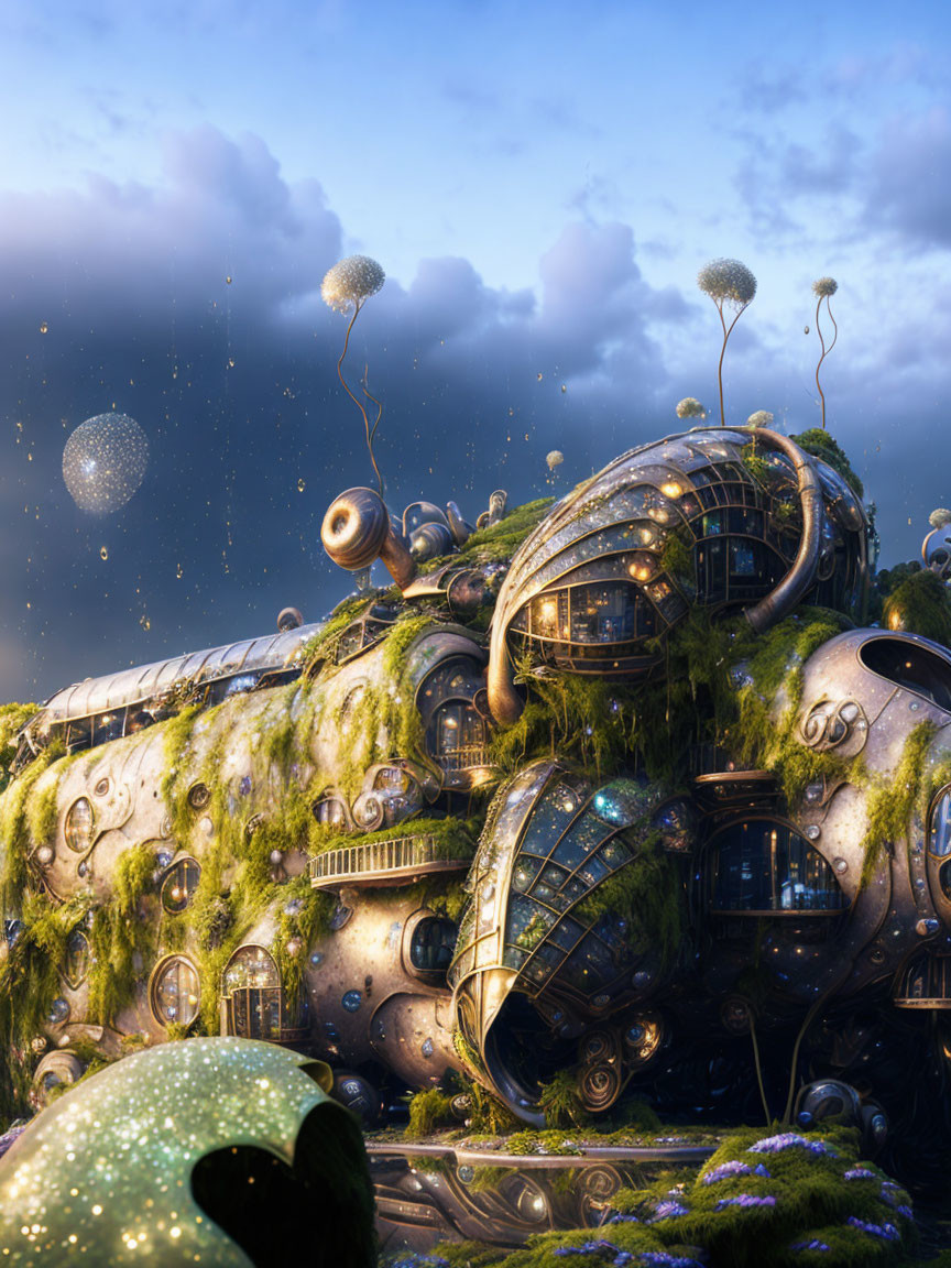 Overgrown futuristic train structures with glowing orbs in twilight