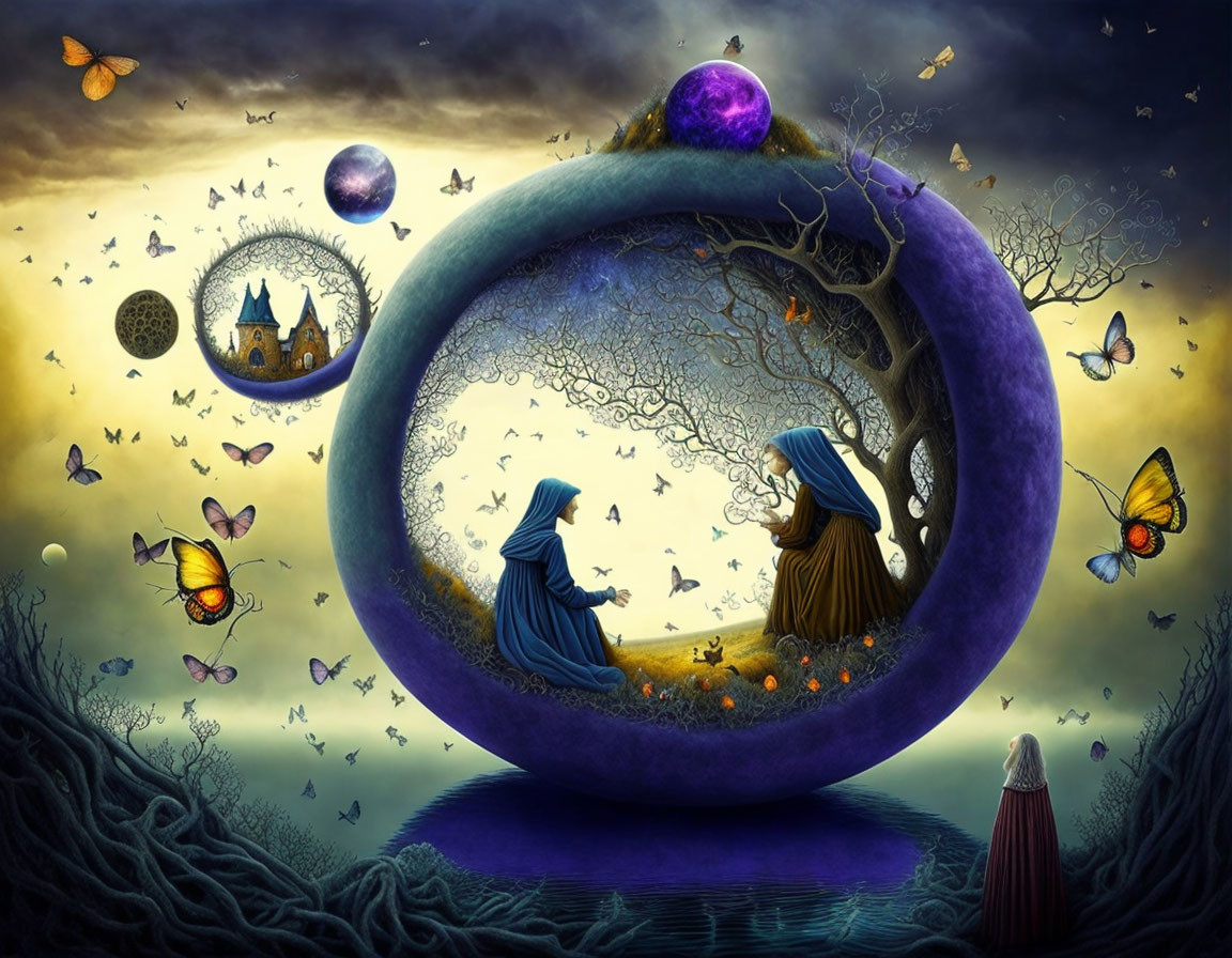 Fantastical scene with robed figures in purple ring, surrounded by butterflies, trees, castle,