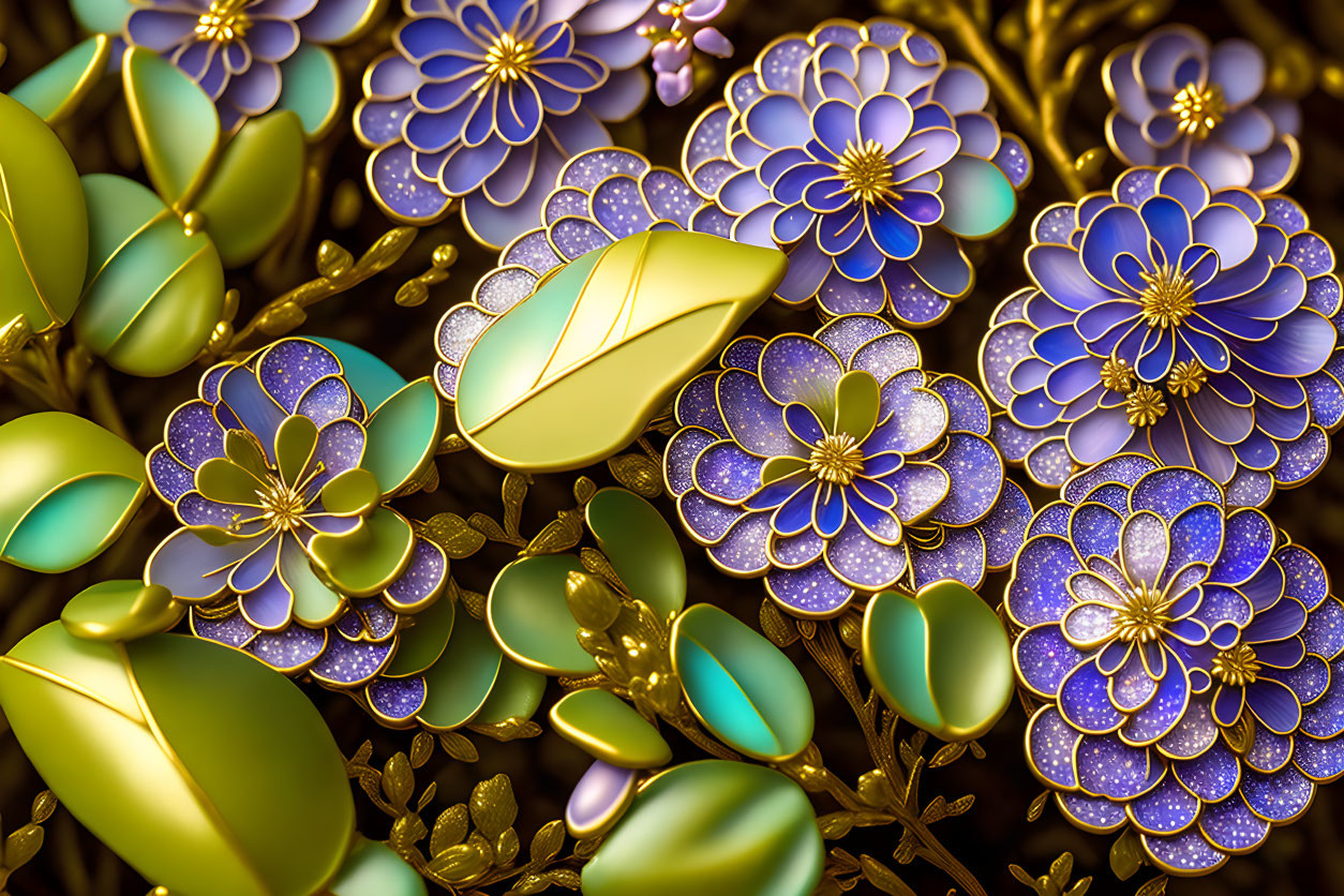 Detailed Close-Up of Metallic Flowers with Purple and Blue Petals