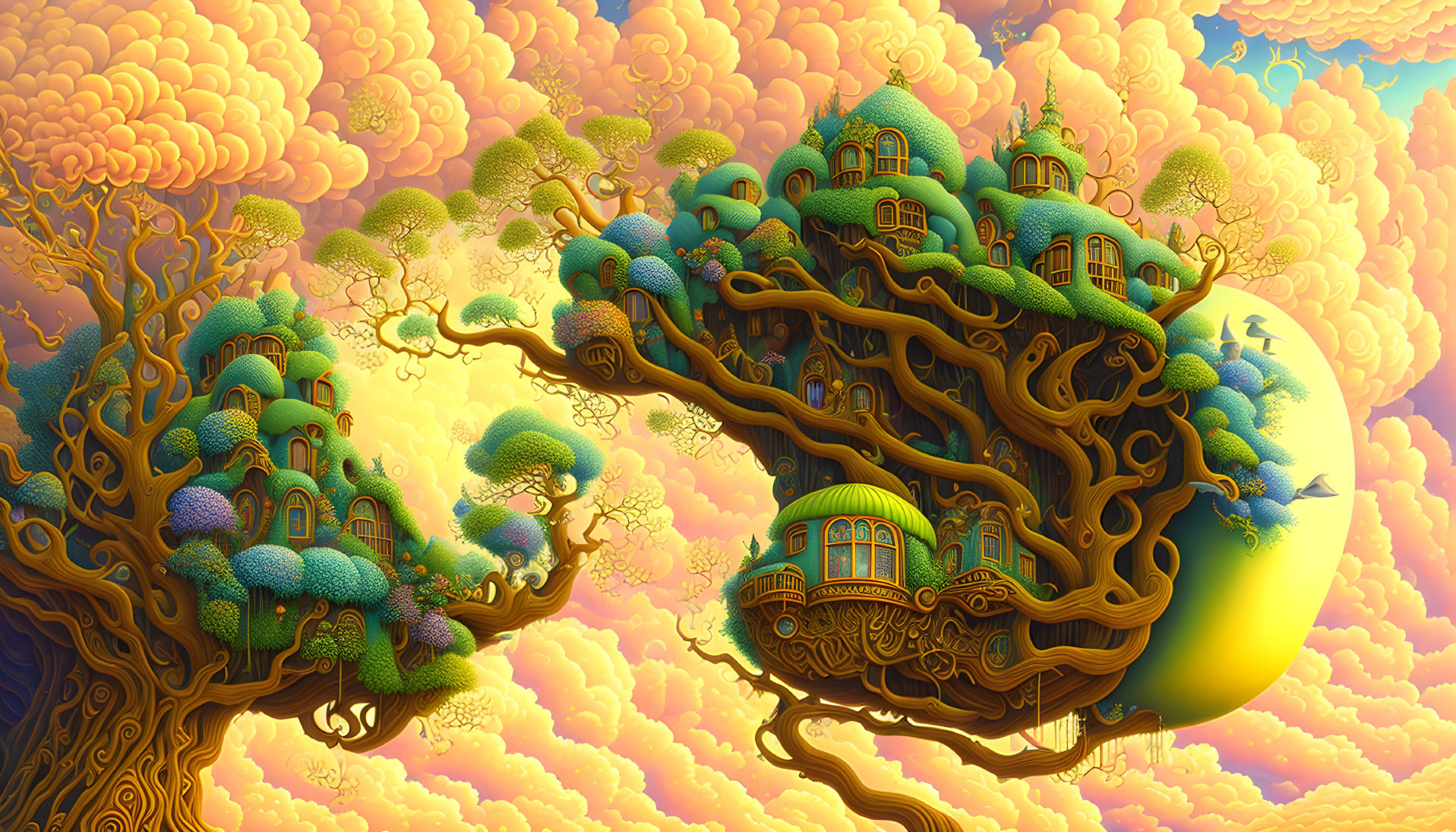 Intricate fantasy trees with whimsical houses and lush greenery