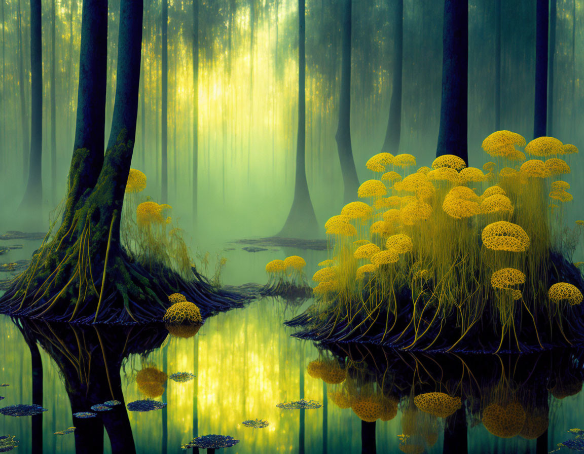 Mystical forest with tall trees, golden mushrooms, serene reflections, and ethereal light