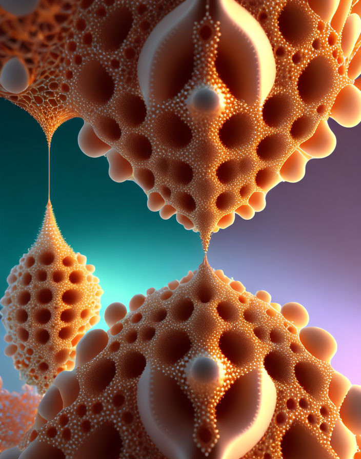 Fractal structures with spheres and spikes in warm orange and cool blue lighting