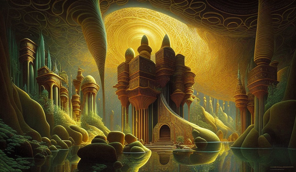 Fantasy landscape with golden-domed buildings and mystical sky