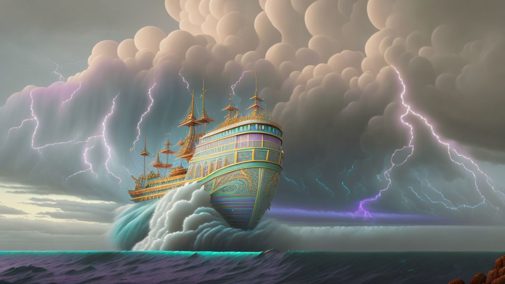 Vibrant ship on stormy sea with lightning bolts