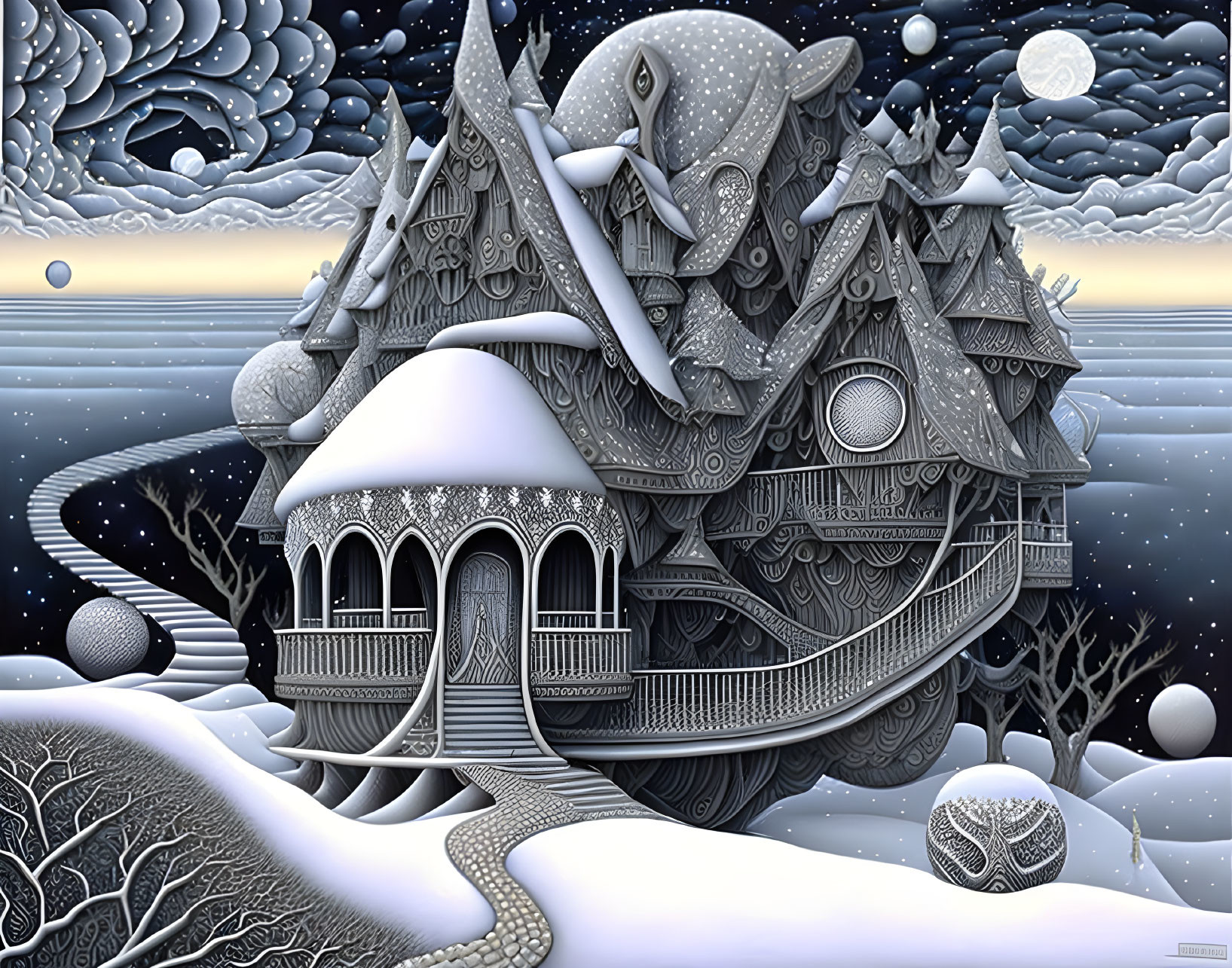 Detailed grayscale fantasy illustration of whimsical house in snowy landscape