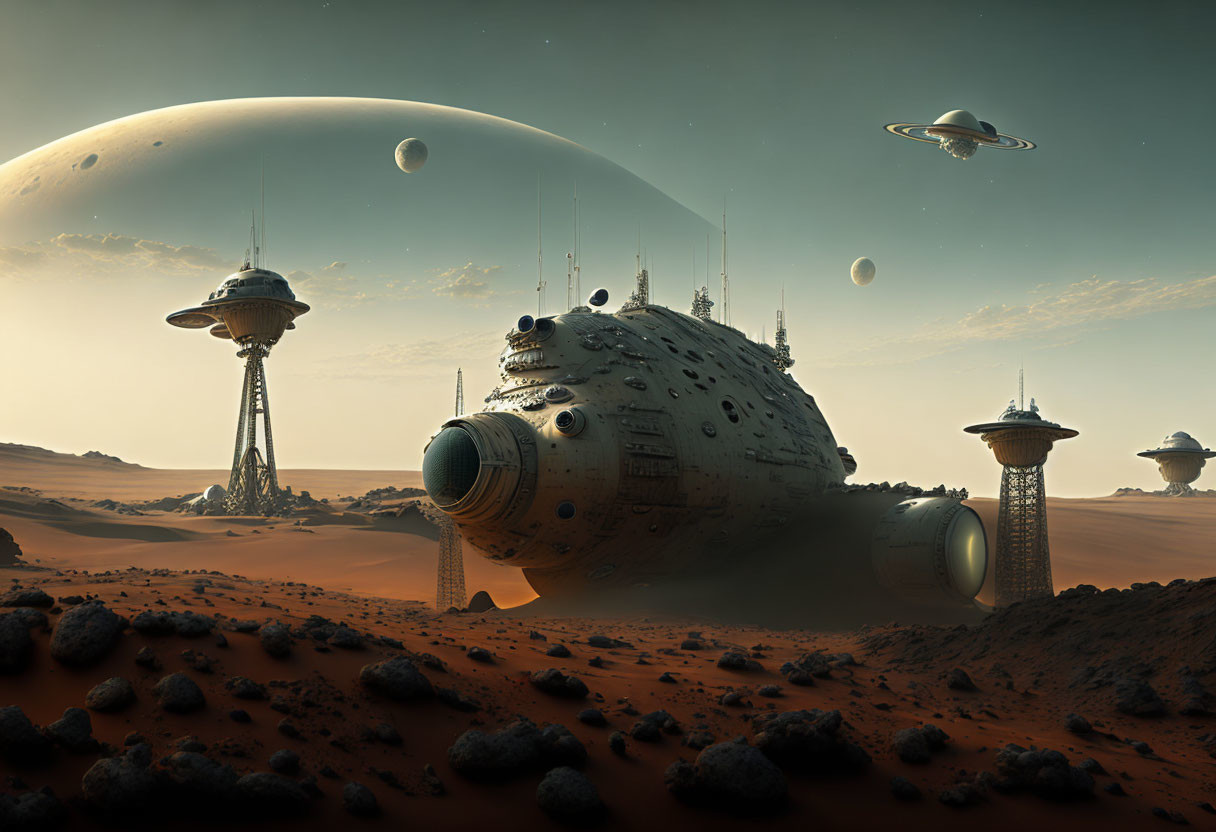 Futuristic desert landscape with crashed spaceship and alien towers