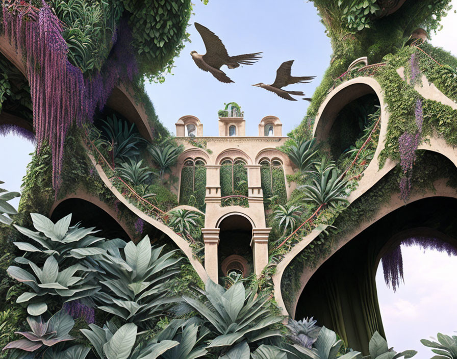 Overgrown building with arches and greenery in mystical garden scene