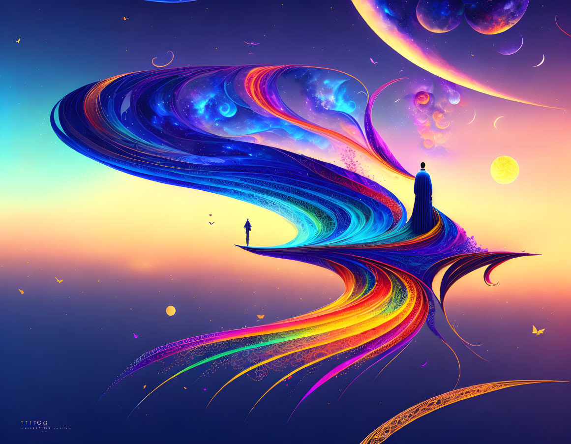 Colorful surreal artwork: person on cosmic wave under starry sky