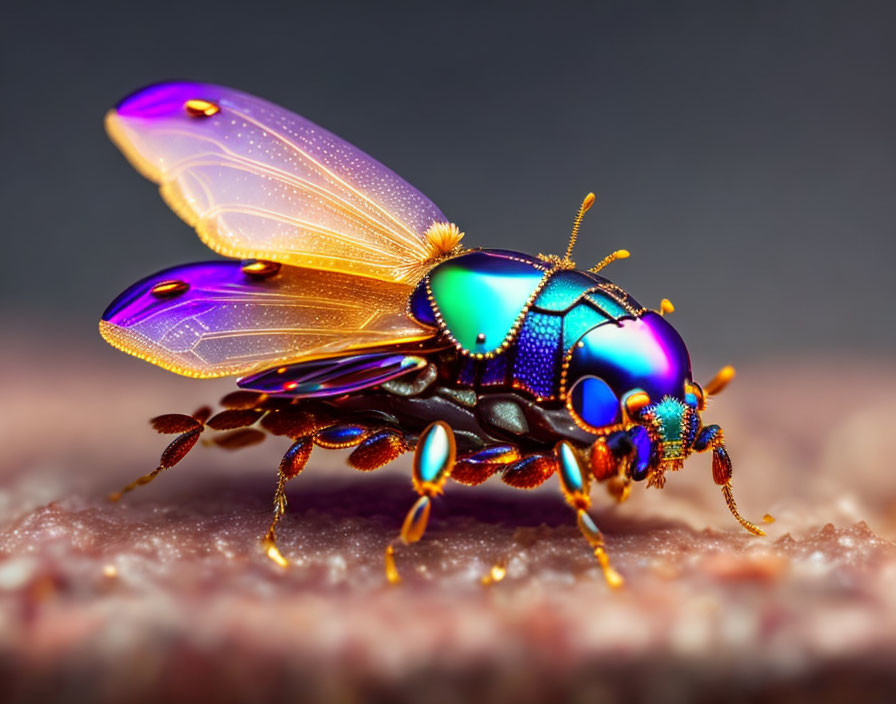 Colorful iridescent fly with translucent wings on textured surface in purple and blue.