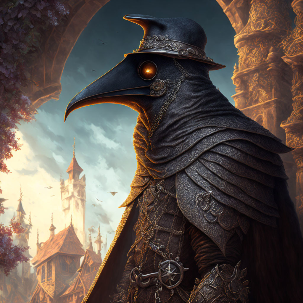 Mysterious plague doctor in medieval town setting