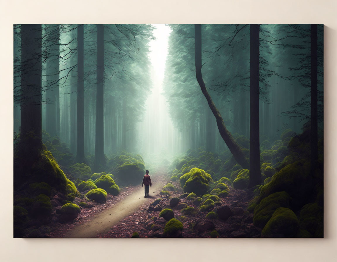 Person walking on misty forest path with sunlight filtering through trees