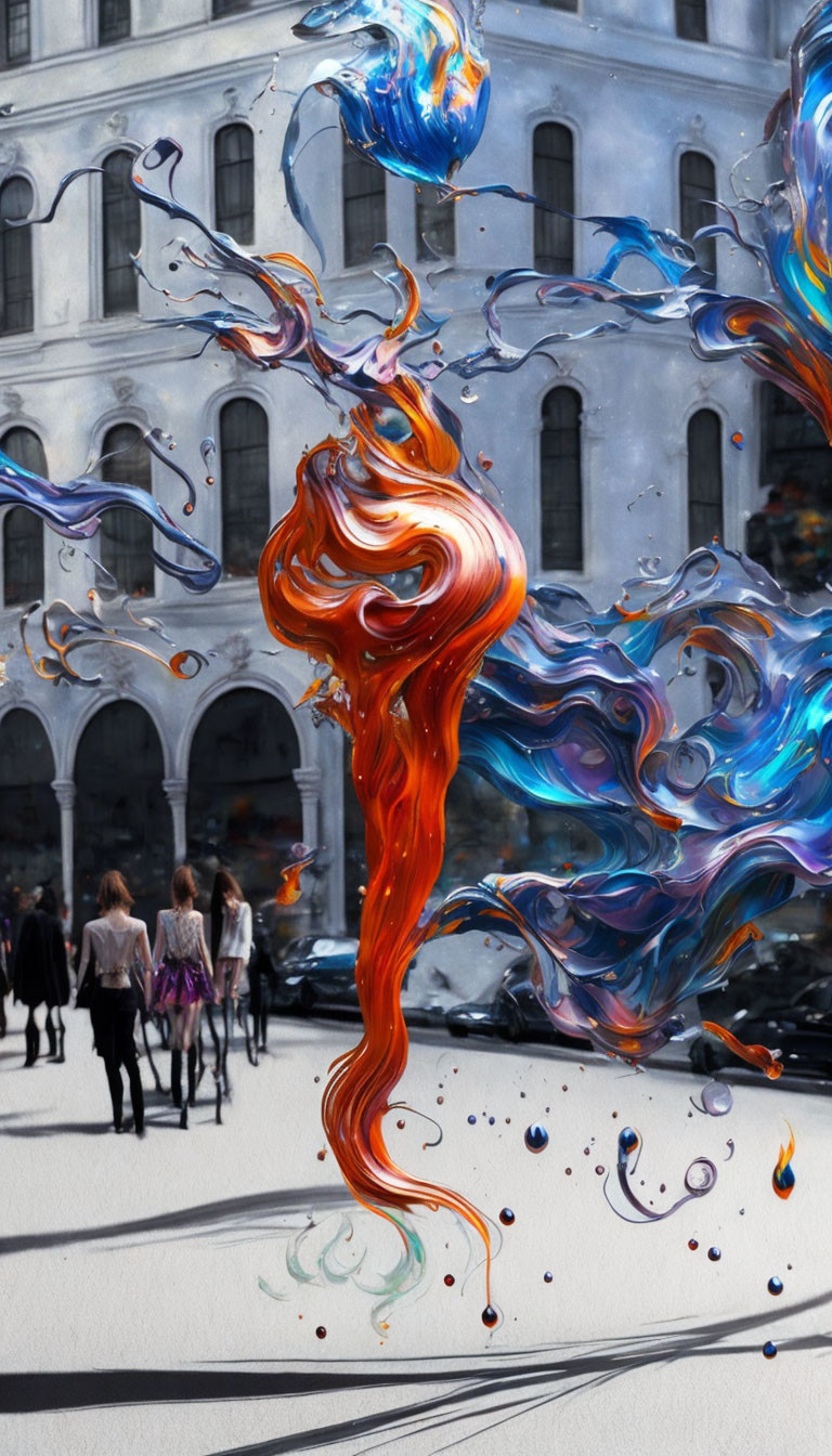 Vibrant abstract swirls overlay urban cityscape with pedestrians.