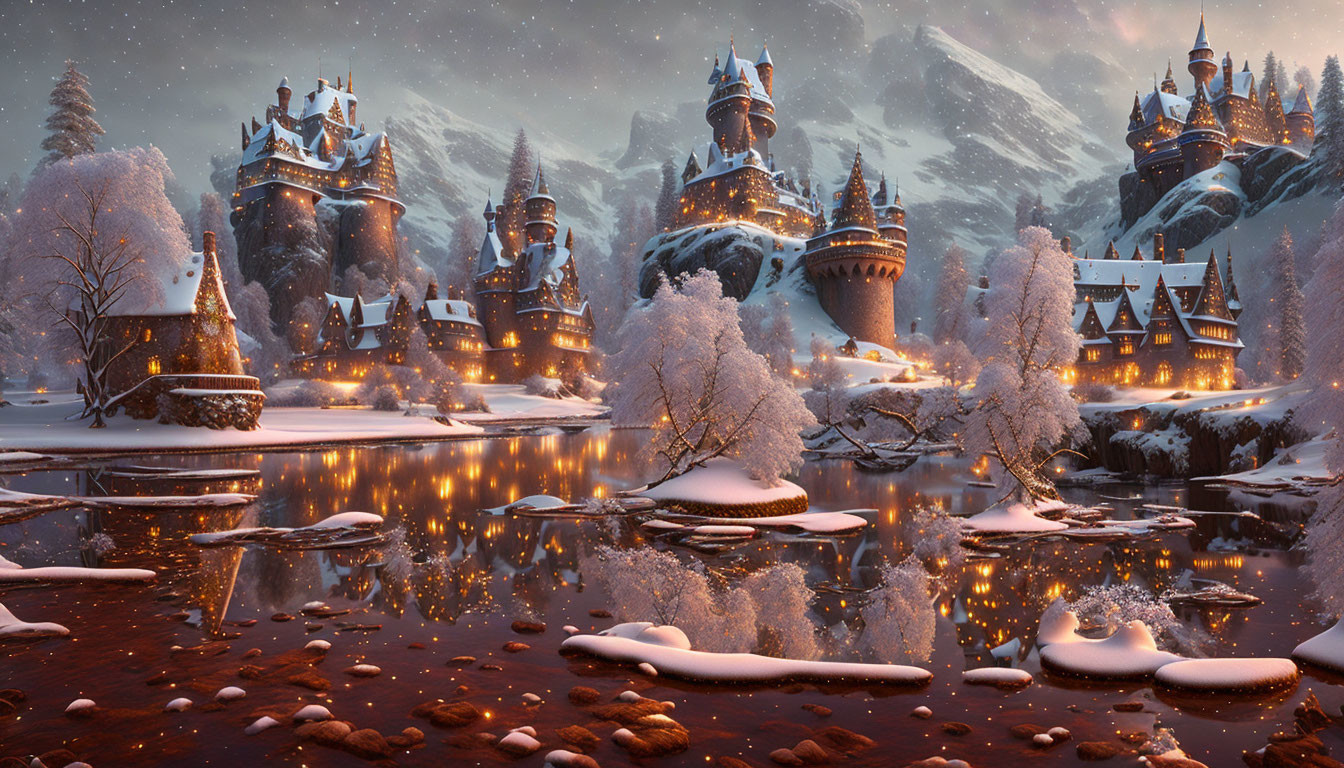 Snow-covered medieval castles in serene winter landscape