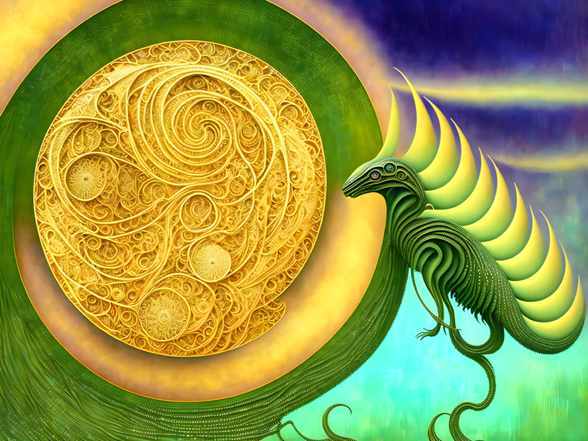 Colorful digital art: ornate golden disc, mythical green bird, dramatic sky