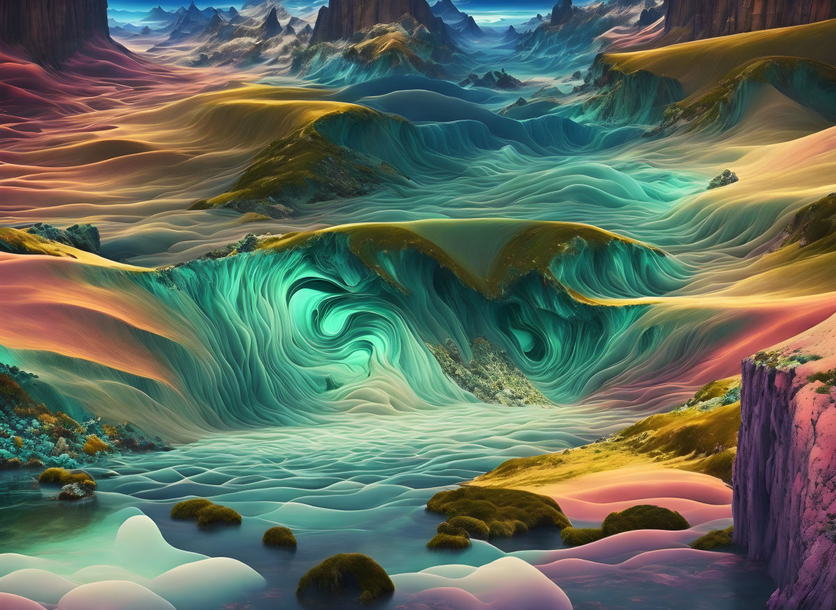 Colorful Surreal Landscape with Swirling Patterns and Mountains