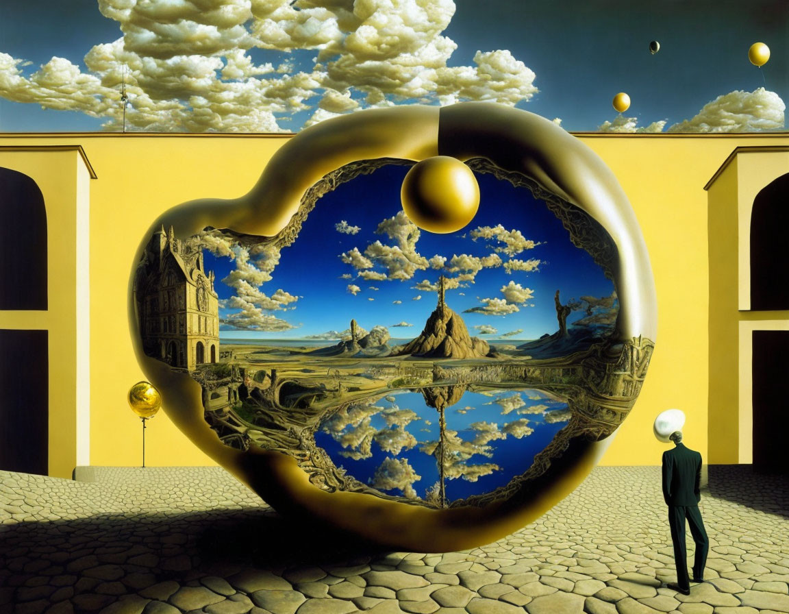 Surreal painting of person observing landscape in circular reflection