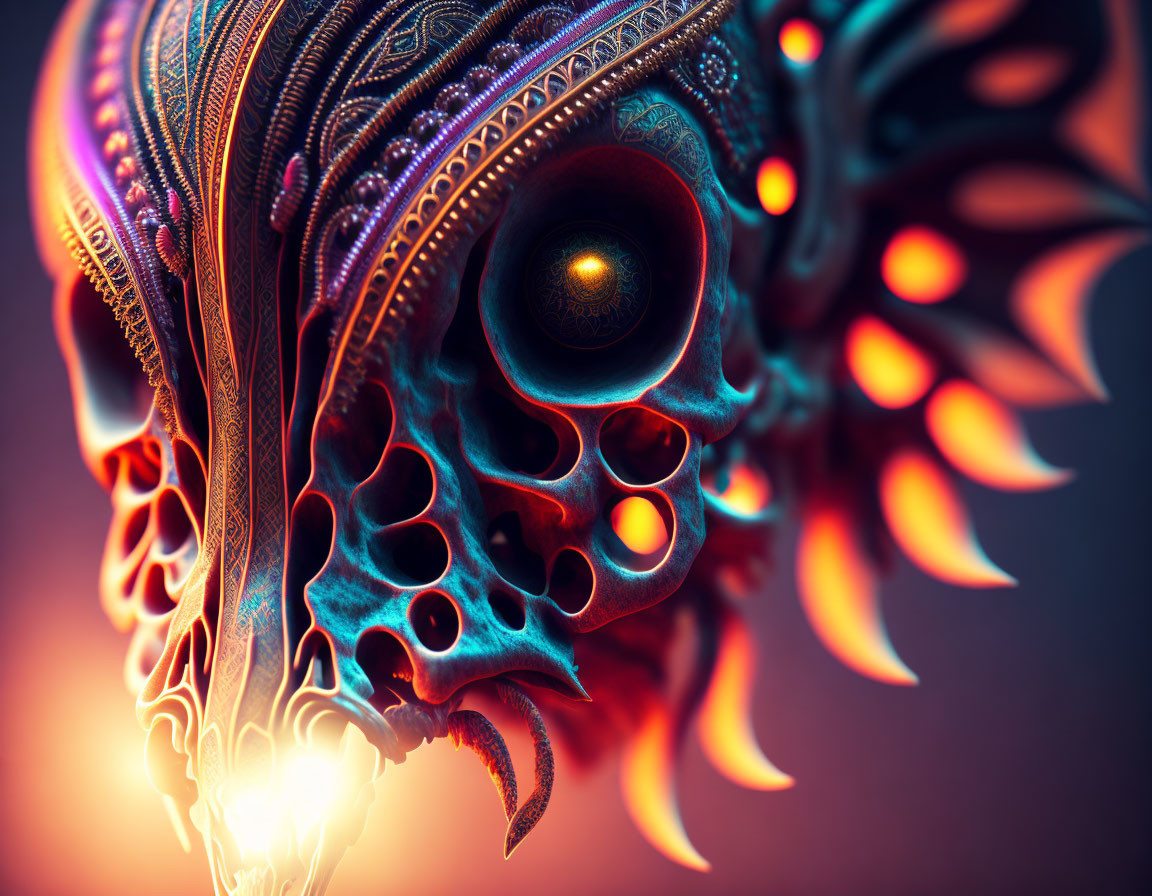 Colorful Stylized Mask Artwork with Glowing Eye and Fiery Accents