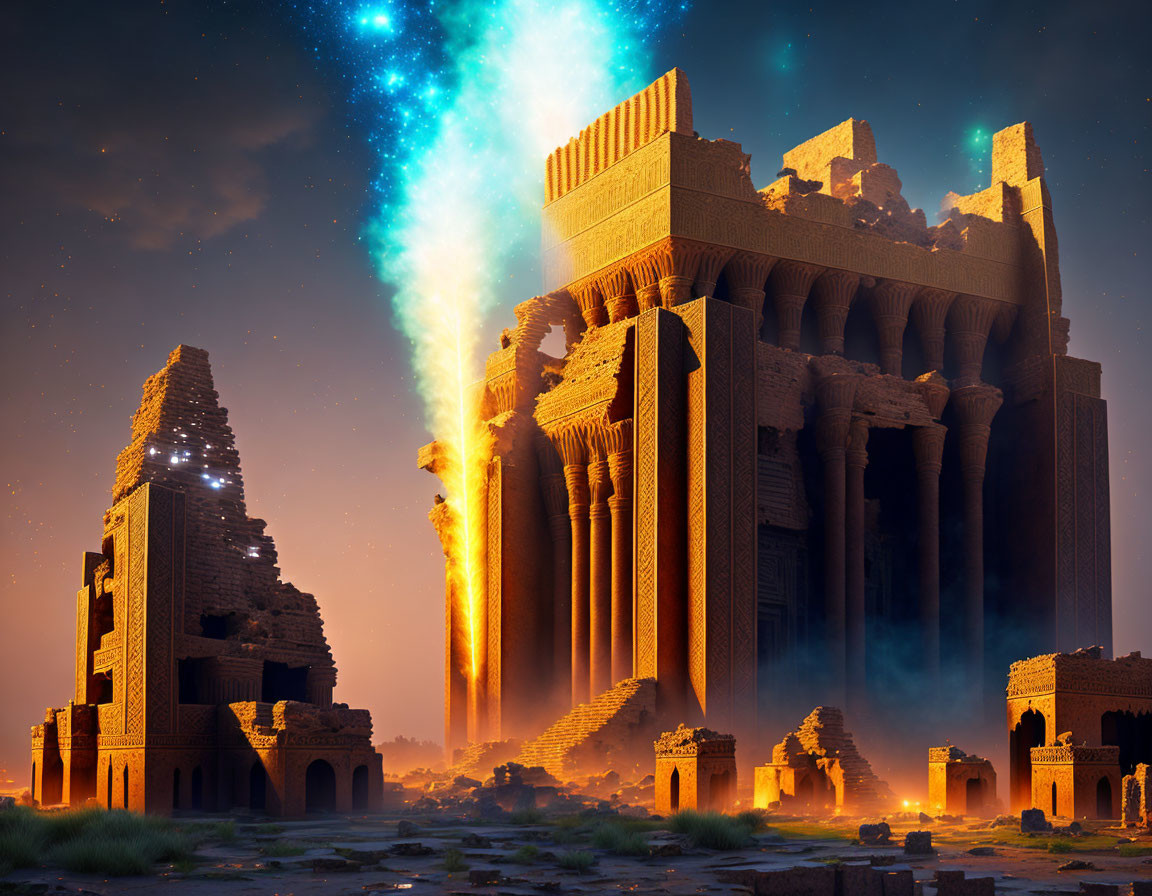 Mystical ancient ruin with tall, crumbling towers under starry sky